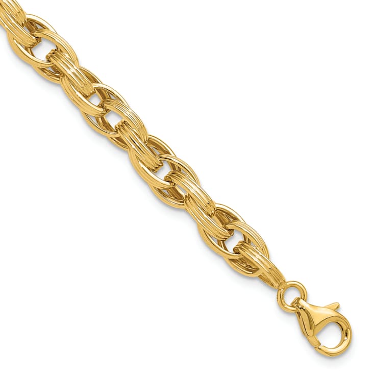 14K Yellow Gold Polished and Grooved Fancy Oval Link Bracelet
