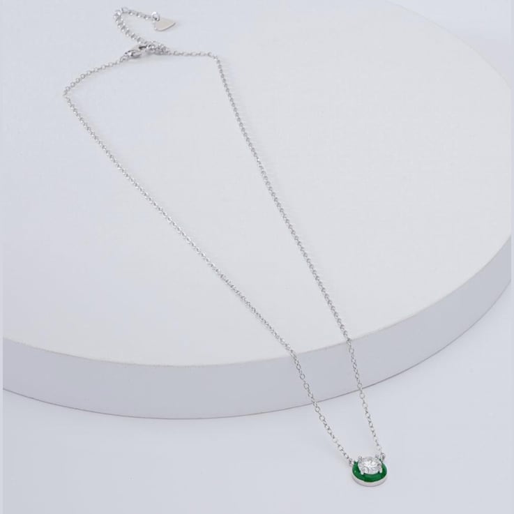 Moissanite Solitaire Rhodium Over Sterling Silver Necklace With Green Enamel