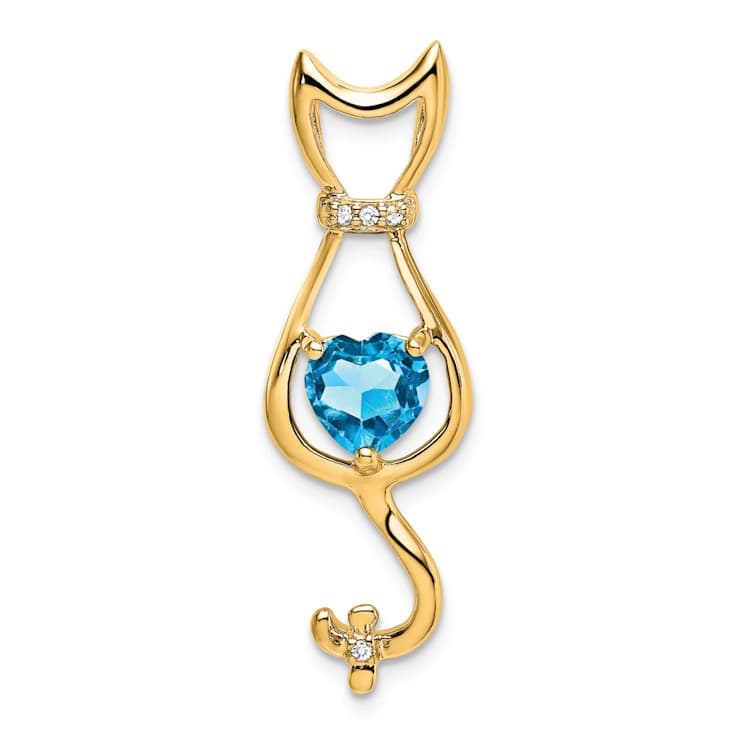 10k Yellow Gold 0.99 ctw Swiss Blue Topaz and Accent Diamond Cat Pendant