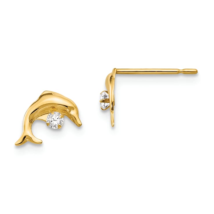 14k Yellow Gold Cubic Zirconia Children's Dolphin Stud Earrings