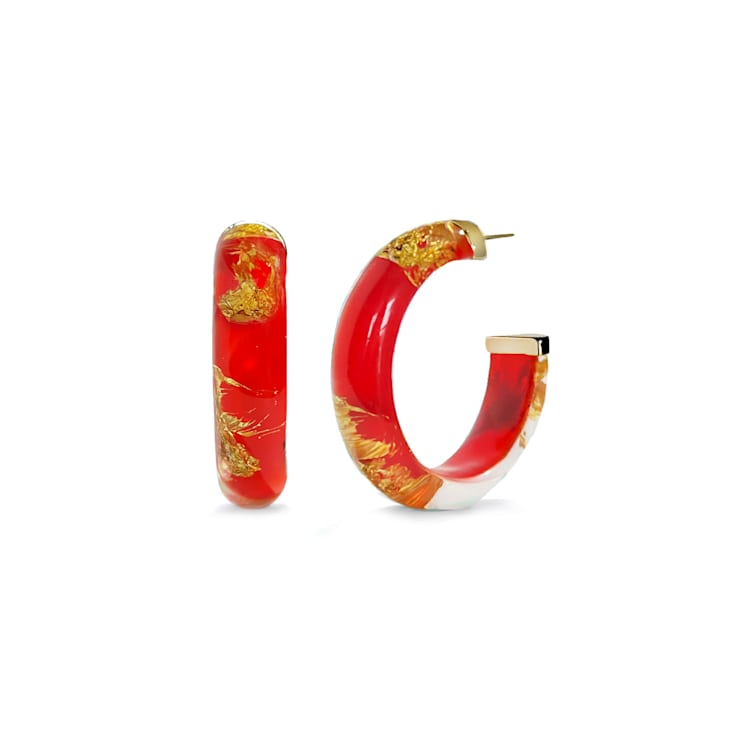 14K Yellow Gold Over Sterling Silver Small Gold Leaf Acrylic Hoops in
Carnelian Red