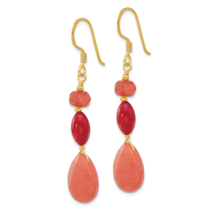 14K Gold Over Sterling Silver Coral and Jadeite Dangle Earrings