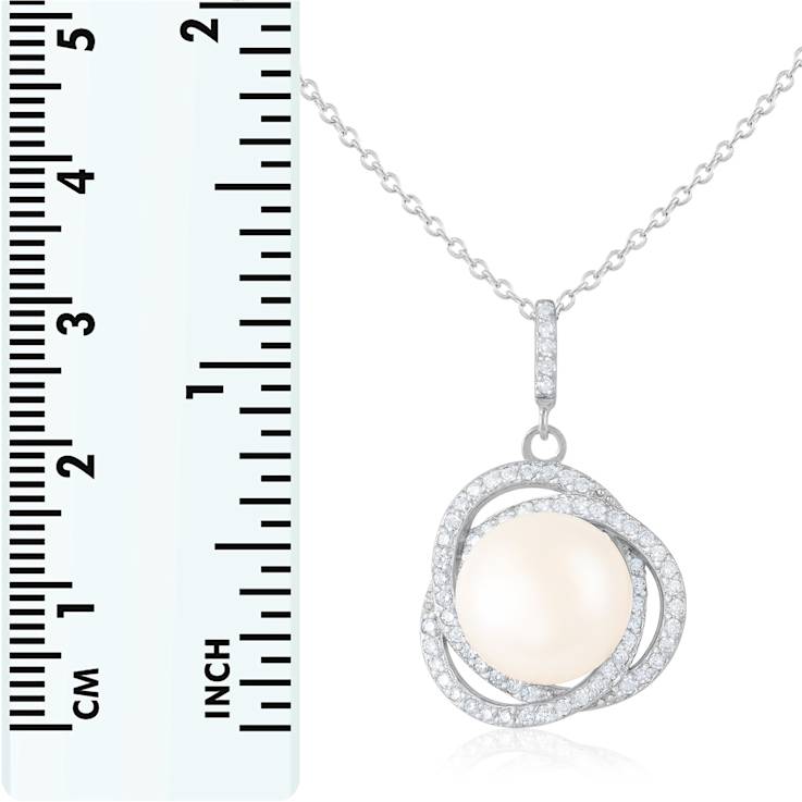 11-12mm Button White Cultured Freshwater Pearl and CZ Rhodium Over
Sterling Silver Pendant