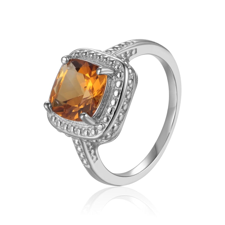 Square Cushion Citrine Sterling Silver Solitaire with Beaded Halo Ring, 1.95ct