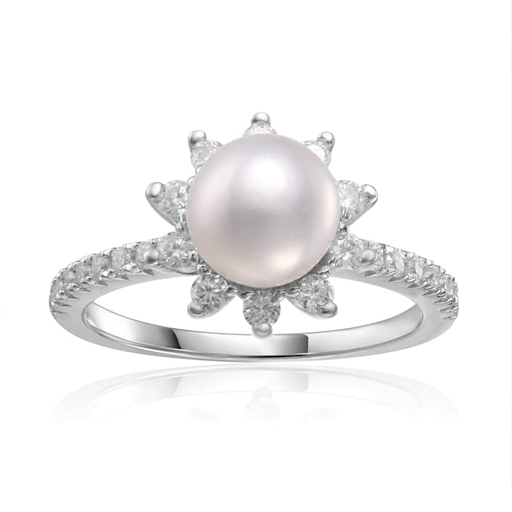 Freshwater Pearl and Moissanite Rhodium Over Sterling Silver Halo Flower
Design Ring