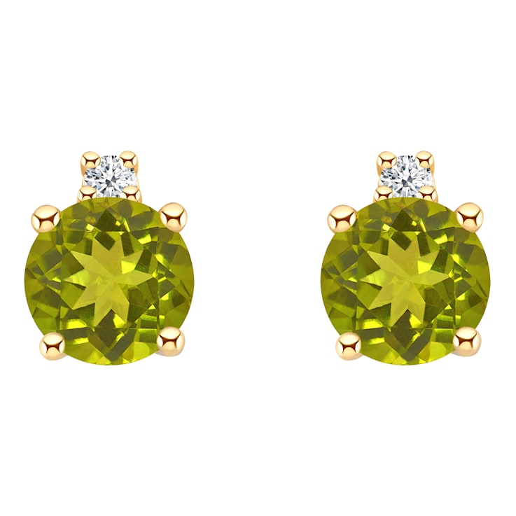 4mm Round Peridot with Diamond Accents 14k Yellow Gold Stud Earrings