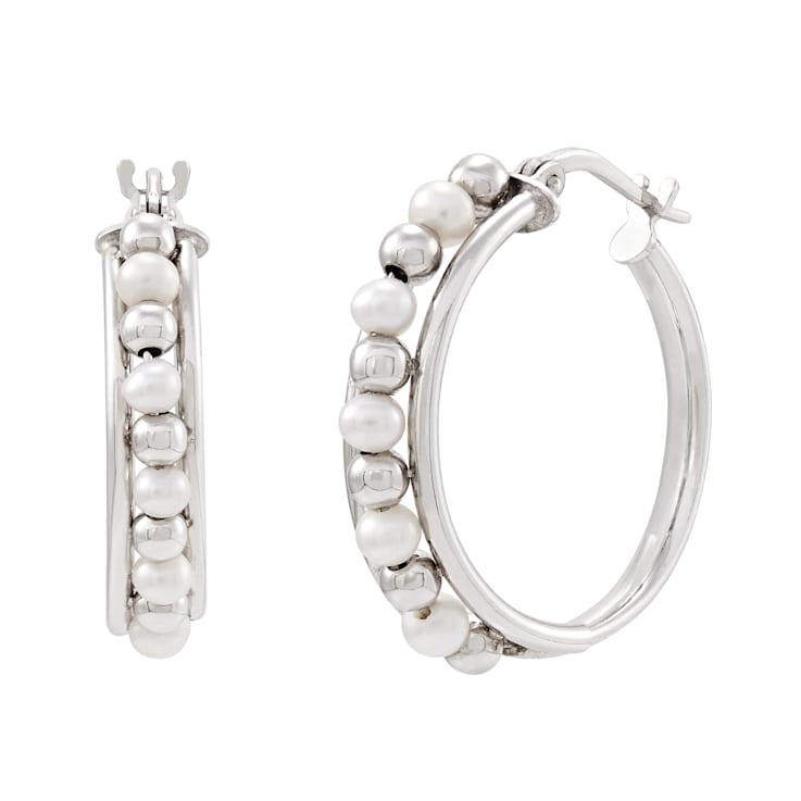 3-3.5mm Round White Freshwater Pearl and Sterling Silver Beaded Hoop Earrings
