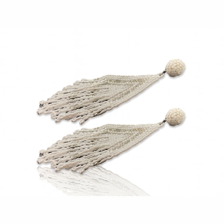 White and Gold Graduated Fringe Seed Bead Earring