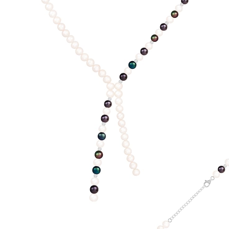 6-7mm White and Black Cultured Freshwater Pearl with Moon Bead Sterling
Silver Strand Necklace