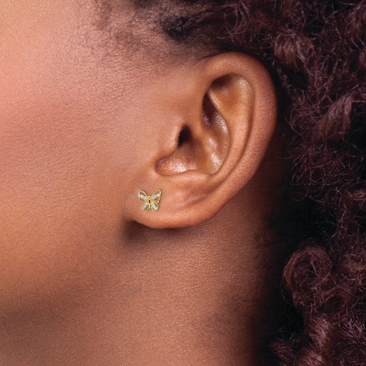 14K Yellow Gold Butterfly Cubic Zirconia Stud Earrings