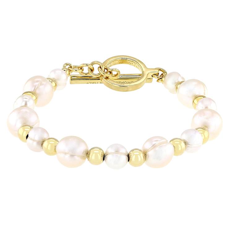 Freshwater Pearl And Bead Bracelet In Gold Over Bronze