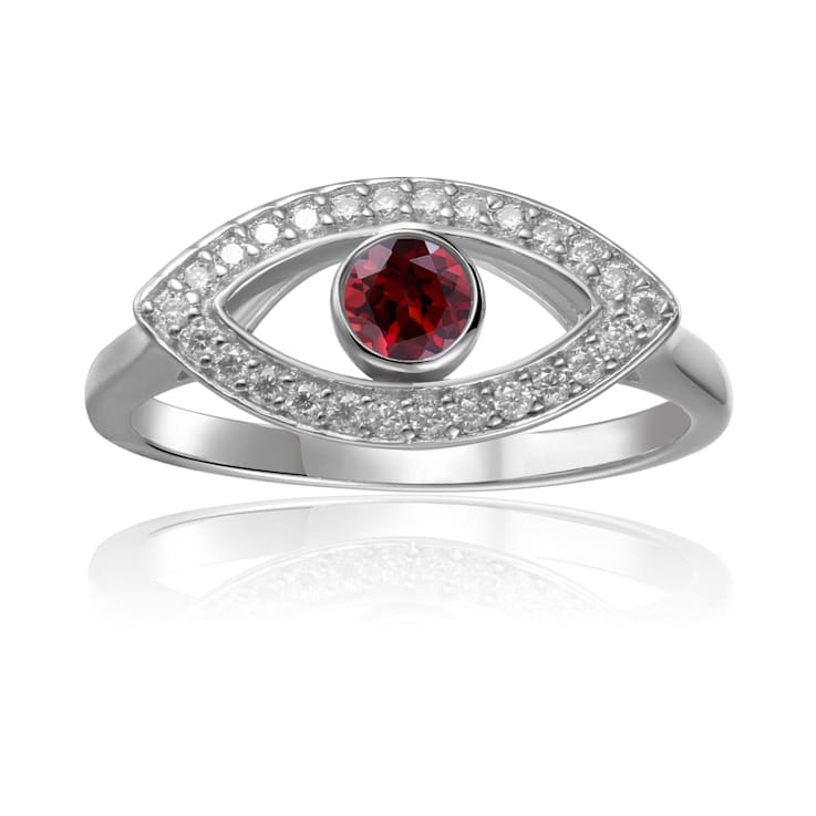 Garnet with Moissanite Accents Rhodium Over Sterling Silver Evil Eye
Halo Ring