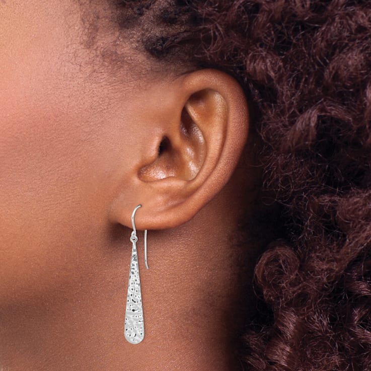 Rhodium Over Sterling Silver Hammered Teardrop Dangle Earrings