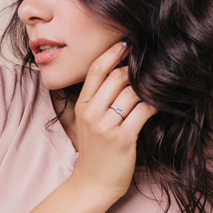 Aquamarine, Created White Sapphire and Diamond 10K White Gold Engagement
Ring 1.04ctw