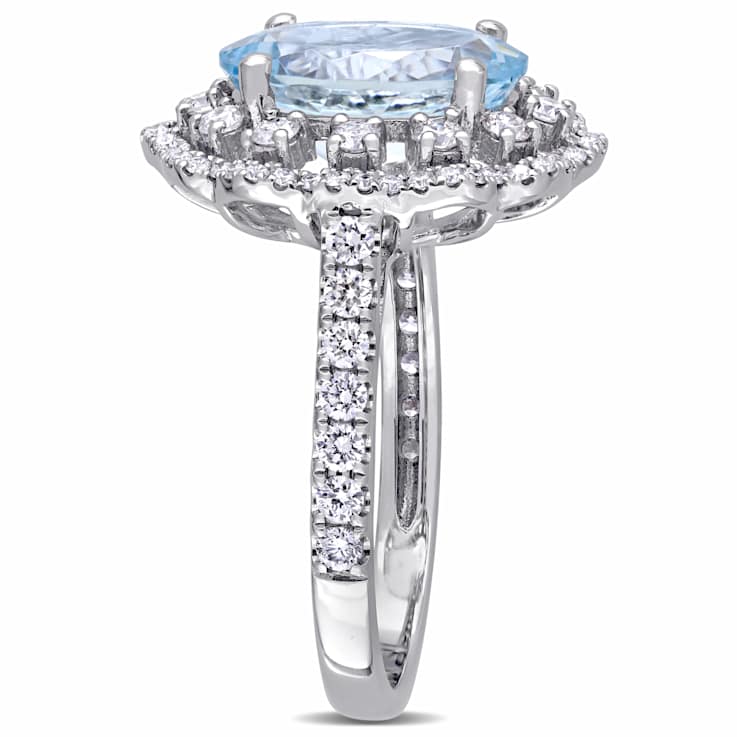 Aquamarine and Diamond 14K White Gold Halo Ring 3.51ctw