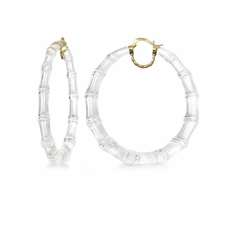 14K Yellow Gold Over Sterling Silver XL Bamboo Acrylic Hoops in Clear