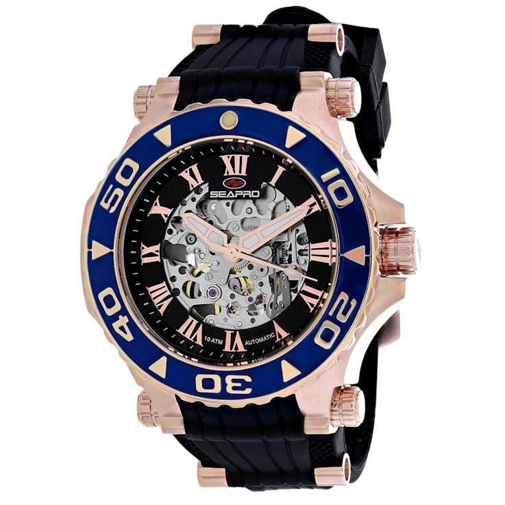 Seapro Men's Seaway Black Dial with Rose Accents, Blue Bezel, Black
Rubber Strap Watch