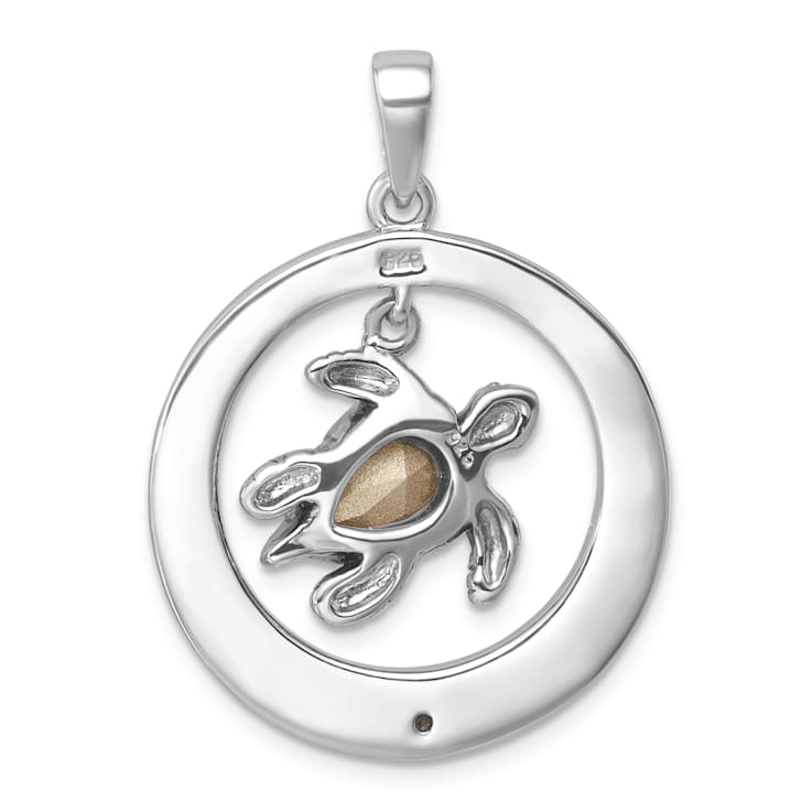 Rhodium Over Sterling Silver Round Moveable Crystal Turtle Pendant