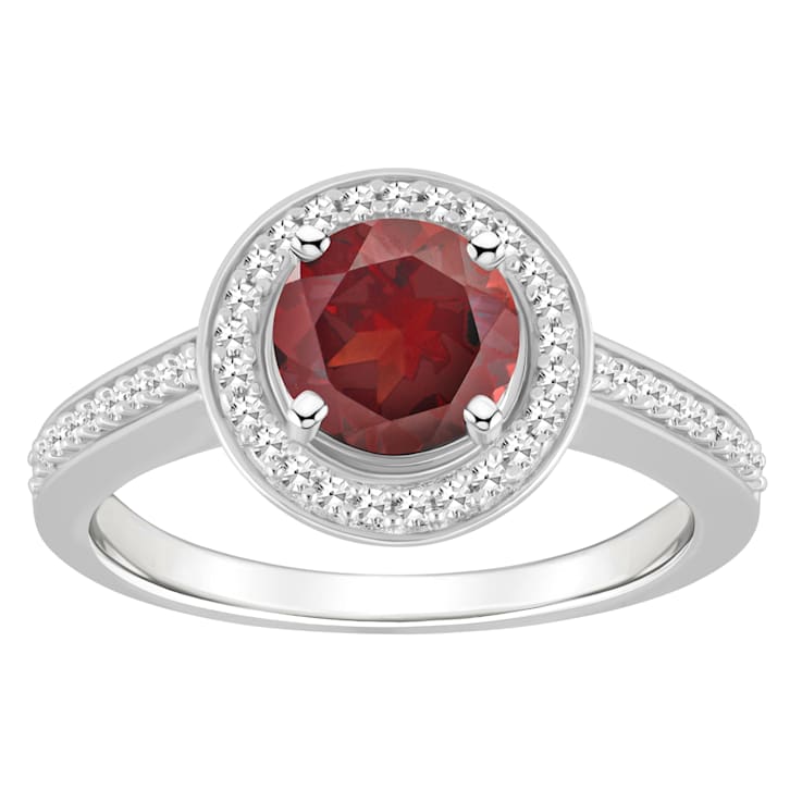 7mm Round Garnet 1/5 ctw Diamond Rhodium Over Sterling Silver Halo Ring