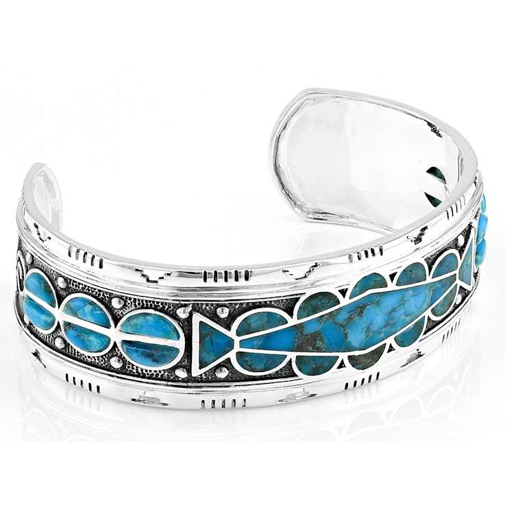 Turquoise Inlay Oxidized Cuff Bracelet In Sterling Silver