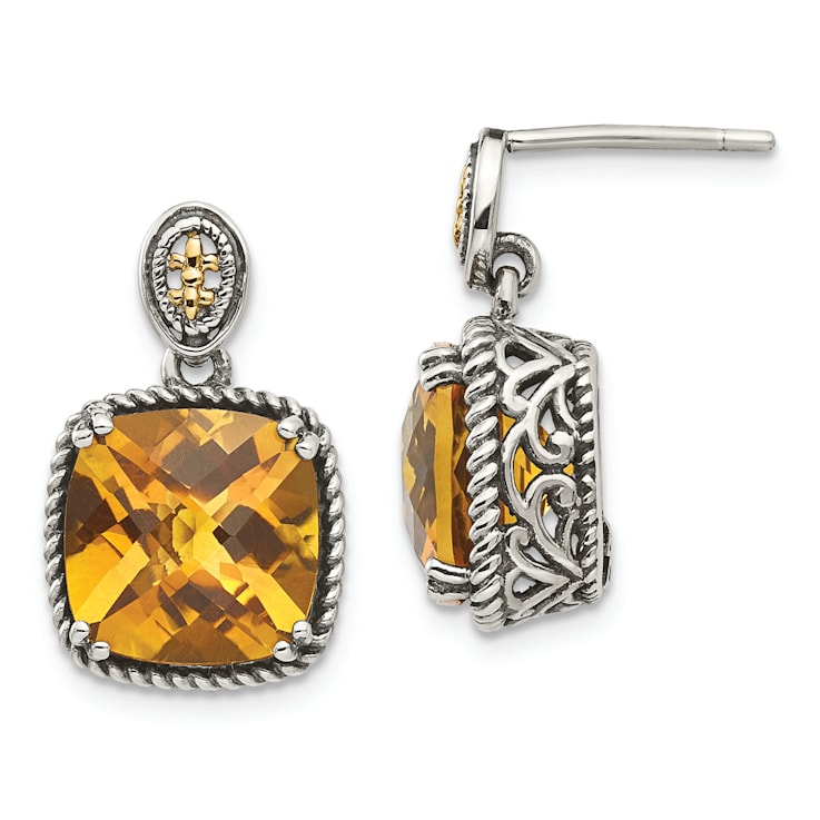 Sterling Silver Antiqued with 14K Accent Citrine Dangle Post Earrings