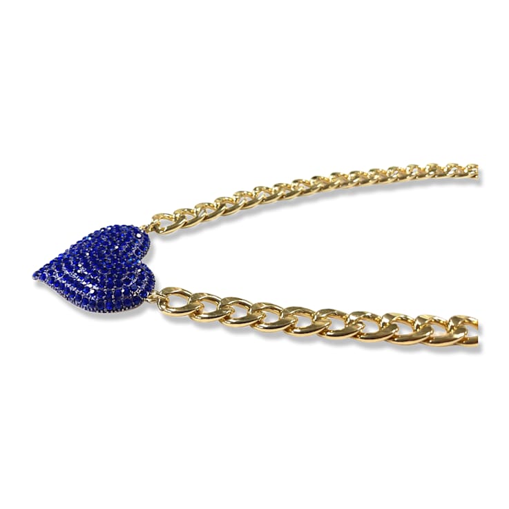 Blue Crystal Gold Tone Center Heart Pendant Necklace.