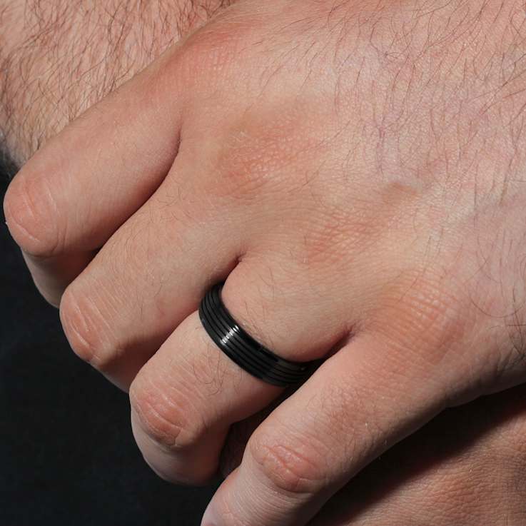 Robert Alton Men's Multi Groove Black Ion Plated Band Ring In Tungsten