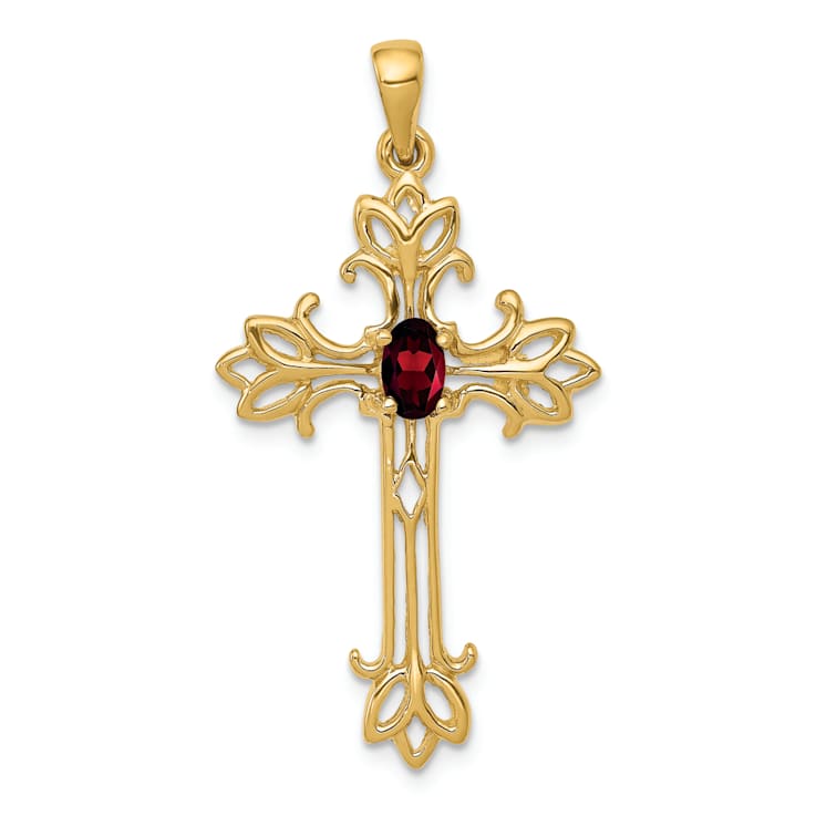 14K Yellow Gold 5x3mm Oval Garnet Cross Pendant