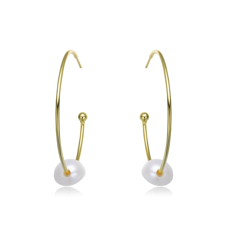 Freshwater Pearl Pear Shape Hoop Earrings In 14K Gold Over Sterling Silver