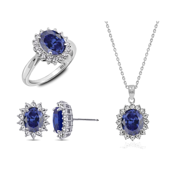 Blue And White Cubic Zirconia Platinum Over Sterling Silver Jewelry Set 10.02ctw