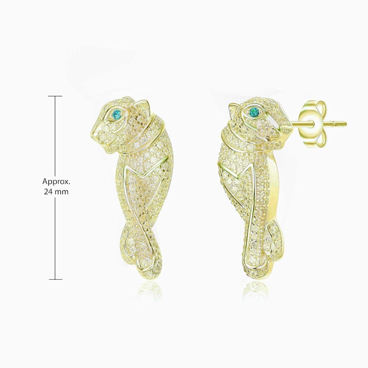 Emerald Color CZ Panther Drop Earrings In 14K Gold Over Brass