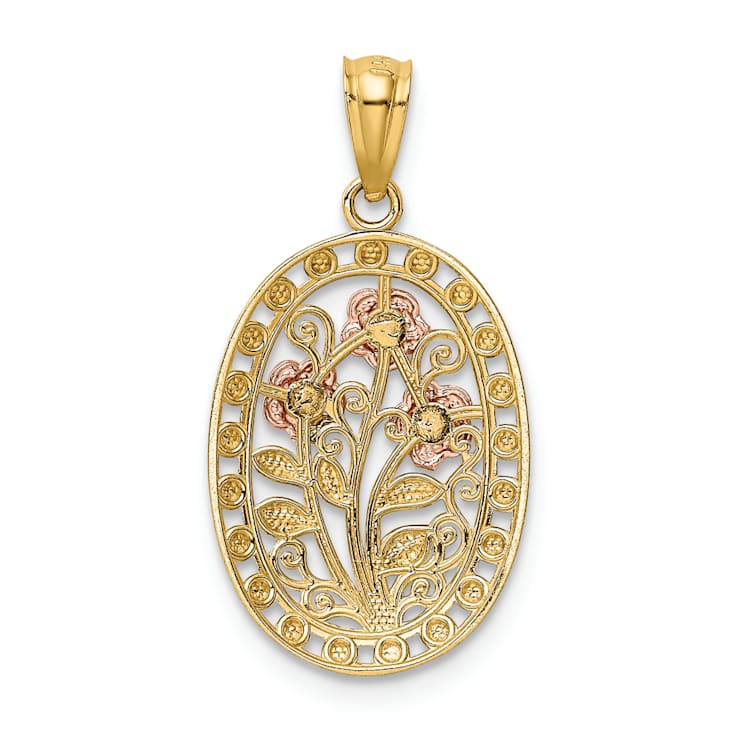 14k Tri-color Gold Textured Oval 3 Rose Pendant