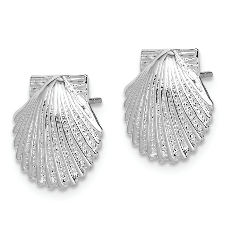 Rhodium Over Sterling Silver Polished Scallop Shell Post Earrings