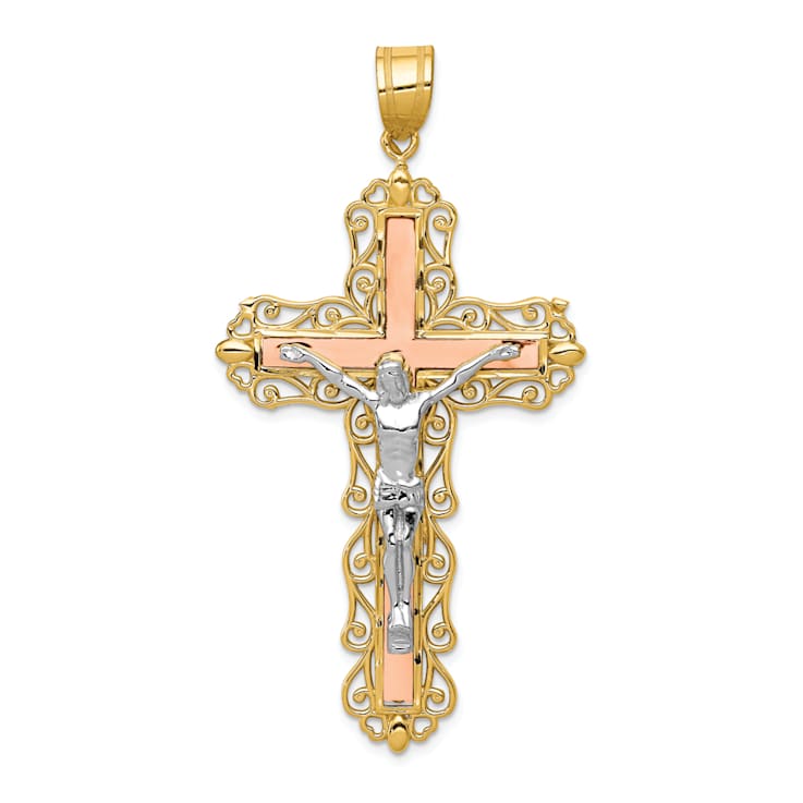 14k Tri-color Gold Polished and Diamond-Cut Crucifix Pendant
