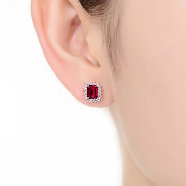 Ruby Color CZ Square Halo Stud Earrings In 18K Rose Gold Over Brass