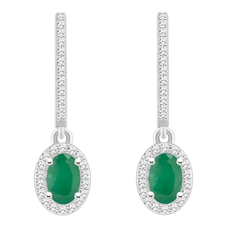 6x4mm Oval Emerald 1/3 ctw Diamond Rhodium Over Sterling Silver Halo
Dangle Earrings