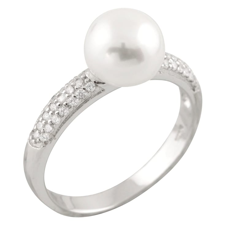 White Cultured Freshwater Pearl Rhodium Over Silver Ring
