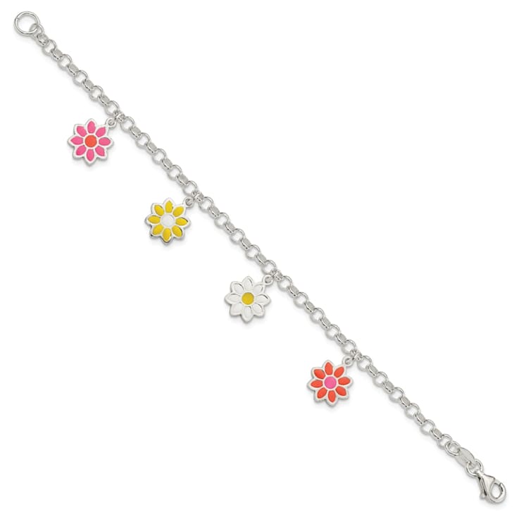 Sterling Silver Multi-color Enamel Flowers Children's Bracelet