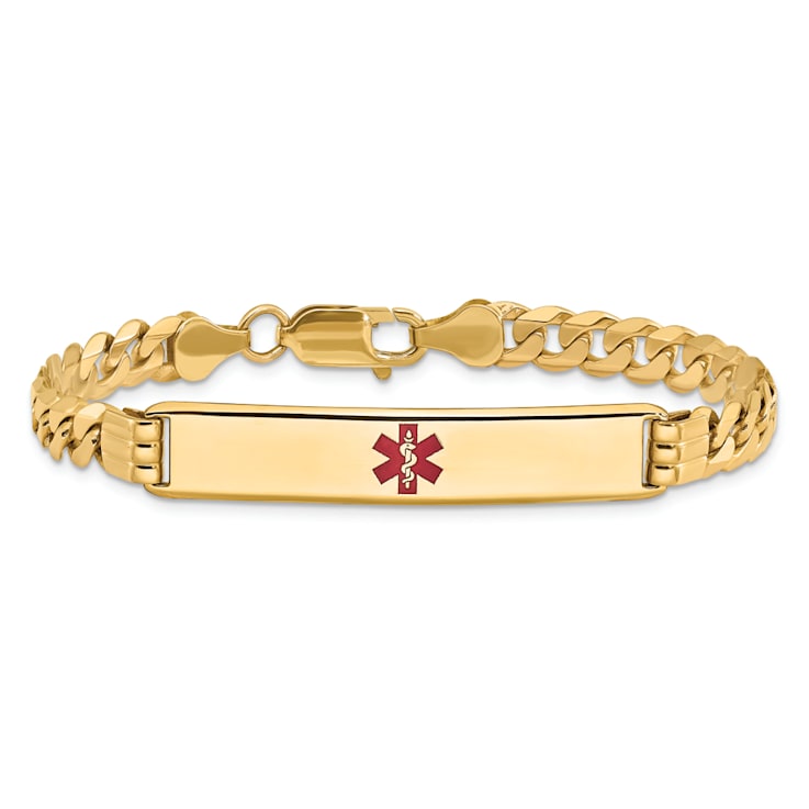 14k Yellow Gold Medical Red Enamel Curb Link ID Bracelet