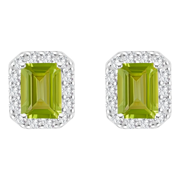 8x6mm Emerald Cut Peridot And White Topaz Accent Rhodium Over Sterling
Silver Halo Stud Earrings