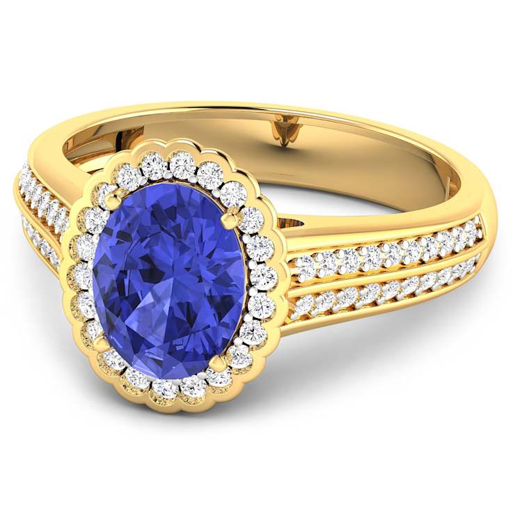 Purple Tanzanite and White Diamond Bridge 14K Yellow Gold Ring