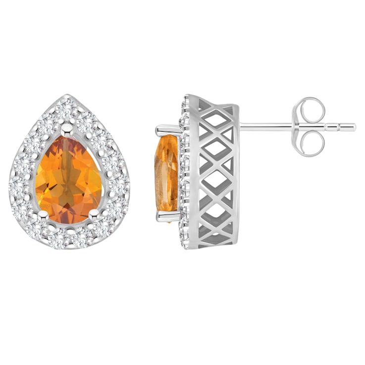 8x5mm Pear Shape Citrine And White Topaz Accent Rhodium Over Sterling
Silver Halo Stud Earrings