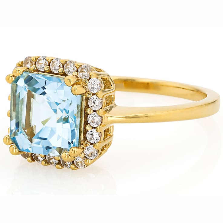 Blue Topaz Square Octagonal And White Zircon Ring In 18K Gold Over
Sterling Silver 3.04ctw