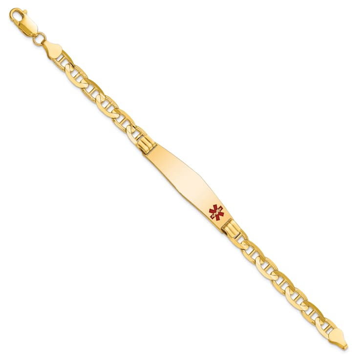 14k Yellow Gold Medical Soft Diamond Shape Red Enamel Mariner Link ID Bracelet