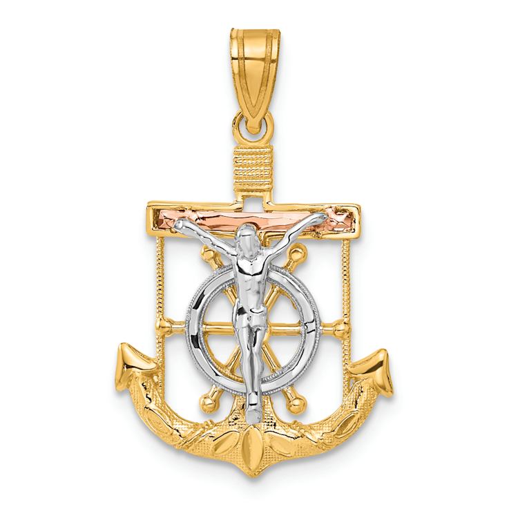 14k Tri-color Gold Diamond-Cut Textured Mariner's Cross Pendant