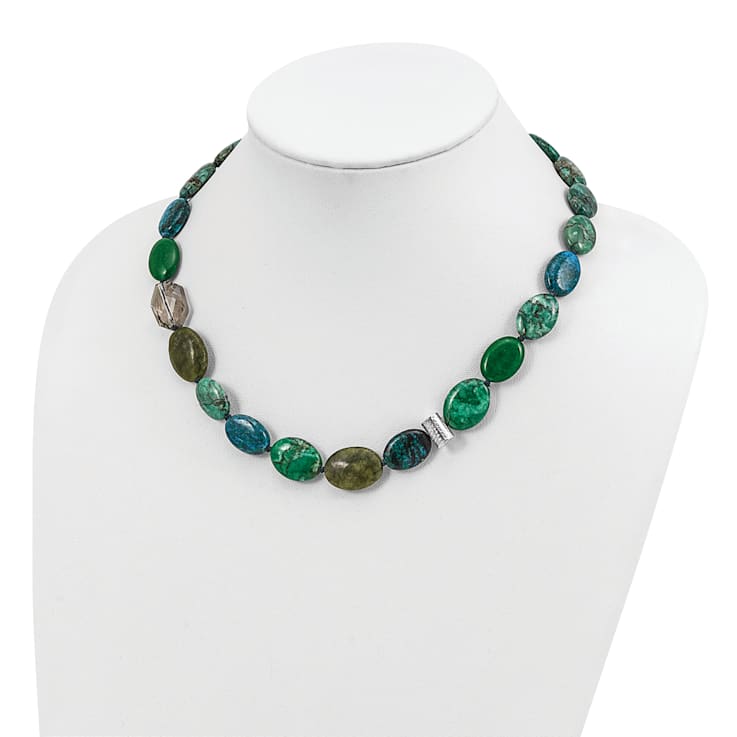 Sterling Silver Jadeite, Crystal, Jasper and Serpentine with 2-inch
Extension Necklace