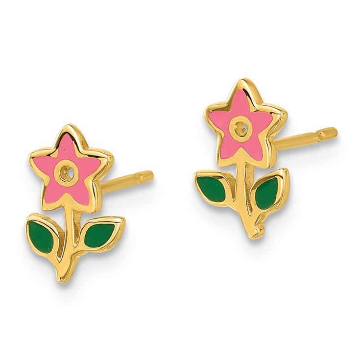14k Yellow Gold Polished Children's Pink and Green Enameled Flower Stud Earrings