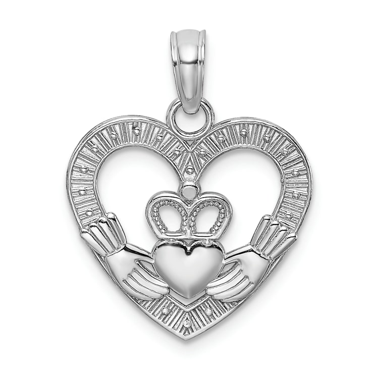 Rhodium Over 14K White Gold Polished/Textured Heart Claddagh Charm