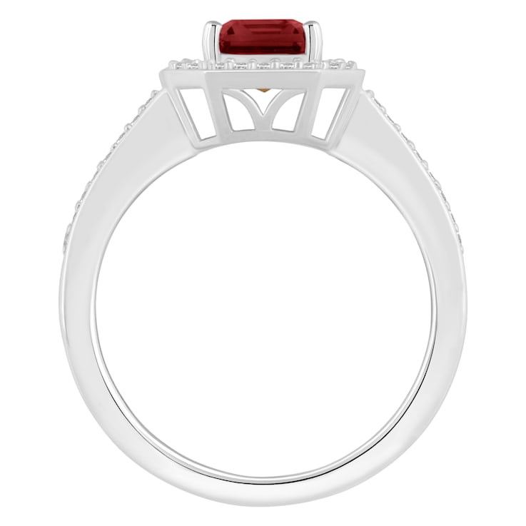 8x6mm Emerald Cut Garnet 1/5 ctw Diamond Rhodium Over Sterling Silver
Halo Ring