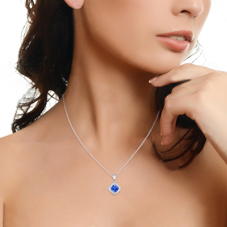 14K White Gold Rectangular Cushion Tanzanite and Diamond Pendant 2.24ctw